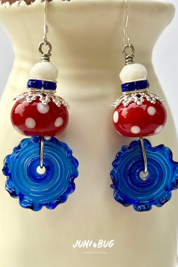 Red White Blue Patriotic Earrings, Artisan Lampwork, America the Beautiful Jewelry, Classy Statement, Boho Earrings, Women Gift, Mom Gift
