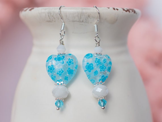 Light Blue White Heart Earrings, Valentines Day Jewelry, Fun Everyday Accessory, Romantic, Sweetheart, Girlfriend, Wife Gift