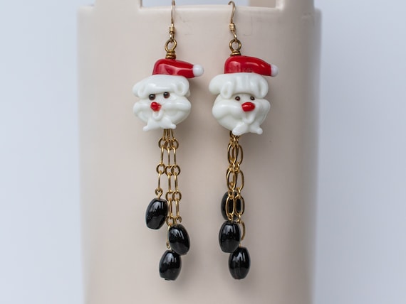 Christmas Santa Mouse Black Agate Stone Gold Chain Earrings, Red White Black, Stocking Stuffer, Holiday Jewelry, Gift for Her, Girlfriend,
