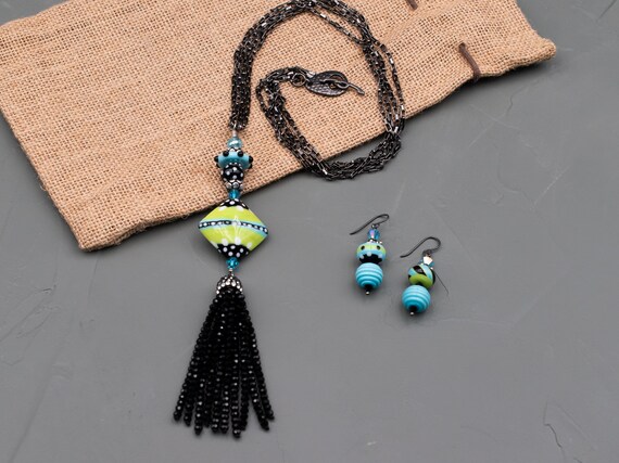 Artisan Lime Green Aqua Blue Lampwork Tassel Necklace, Black Beaded Tassel, Necklace Earring Set, Boho Luxe Jewelry