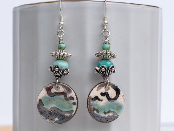 Artisan Handpainted Turquoise Ivory Metallic Silver Ceramic Earrings, Simple Casual Lightweight, Handcrafted Jewelry, Gift for Her,