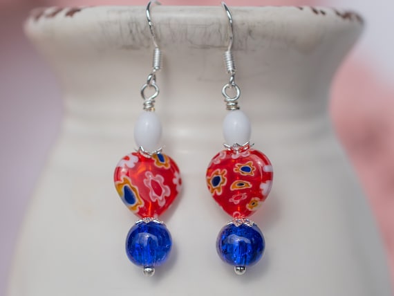 Red White Millefiori Floral Heart Earrings, Valentines Day Jewelry, Fun Everyday Accessory, Romantic, Sweetheart, Girlfriend, Wife Gift