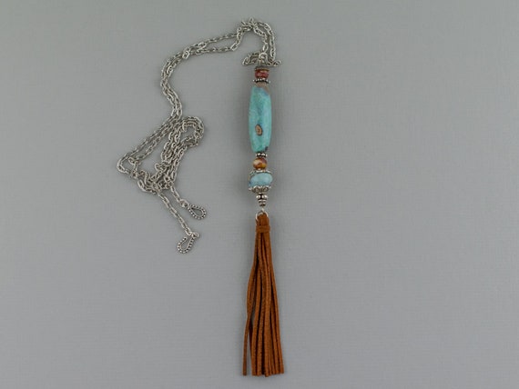 Terra Agate Stone Leather Tassel Long Chain Necklace, Blue Brown, Gemstone Jewelry, Bohemian, Southwest, Casual, Gift for Her, Cowgirl Gift