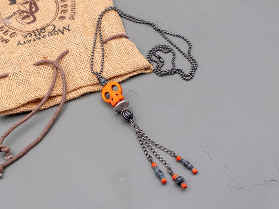Halloween Orange Skull Necklace, Chain Tassel Jewelry, Beaded Stone Focal, Hill Tribe Metal, Spooky Pendant, Boho Style