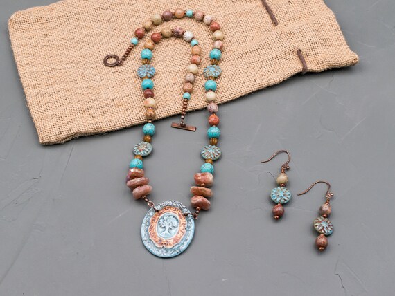 Tree of Life Necklace Earrings, Turquoise Blue Brown, Porcelain Pendant, Gemstone Jewelry, Southwest Accessory, Boho Jewelry, Mom Gift,