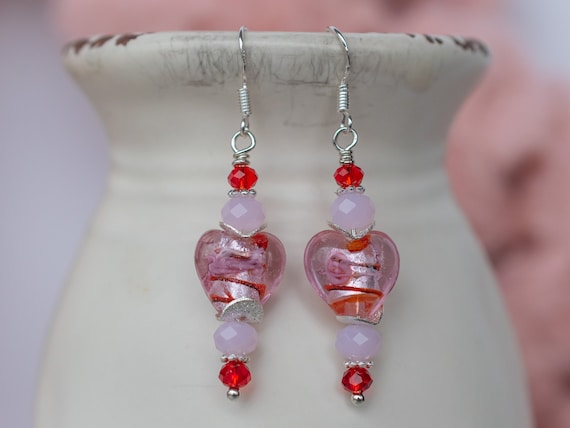 Pink Red Lampwork Glass Puffed Heart Earrings, Valentines Day Jewelry, Fun Everyday Accessory, Romantic, Sweetheart, Girlfriend, Wife Gift