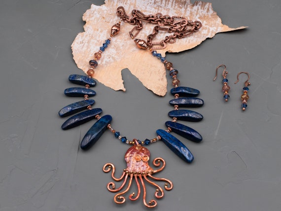Artisan Copper Octopus Pendant Lapis Stick Stone Necklace Earrings , Statement Necklace, Beach Themed Jewelry, Beach Jewelry
