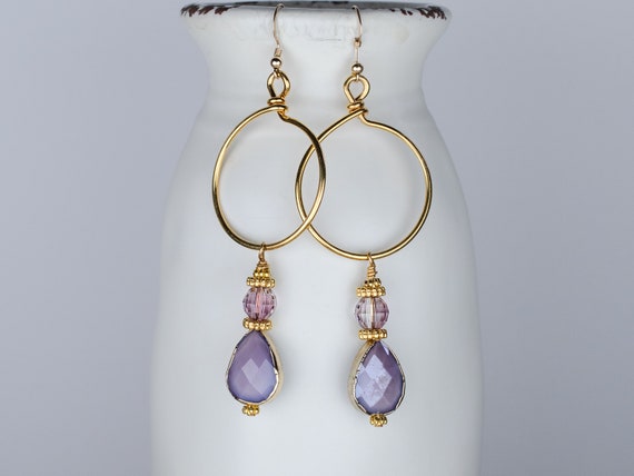Plum Crystal Teardrop Gold Hoop Earrings, Long Casual Jewelry, Simple Statement, Anniversary Gift, Happy Fun Gift