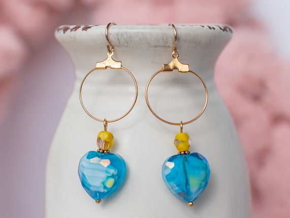 Millefiori Aqua Blue Yellow Faceted Heart Hoop Earrings, Valentines Day Jewelry, Boho Chic Accessory, Romantic, Sweetheart, Girlfriend