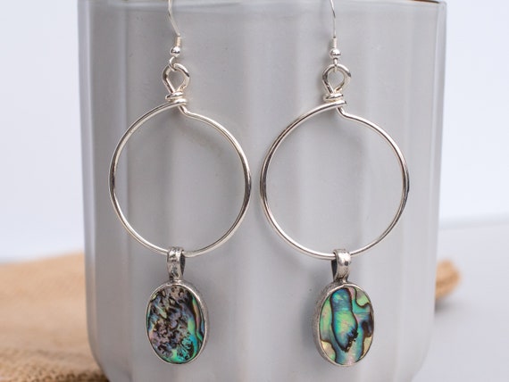 Artisan Abalone Mother of Pearl Charm Silver Hoop Earrings, Paua Shell Charm, Beach Casual Wedding, Beachy Bridal, Ocean Lover Gift,