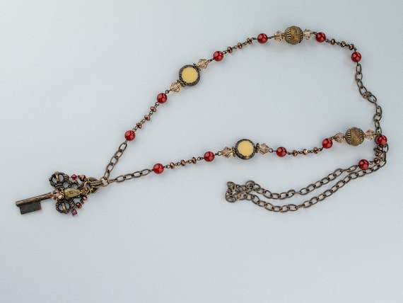 Old World Church Key Pendant Beaded Chain Link Necklace, Red Brown Ivory, Vintage Look Jewelry, Boho Style Accessory, Gift for Her,