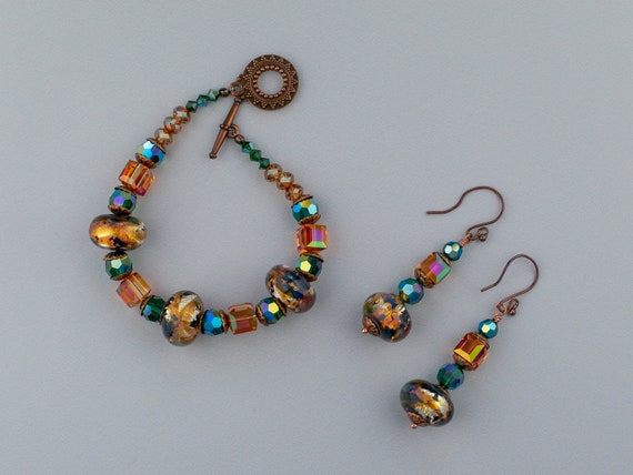 Copper Teal Green Artisan Lampwork Bracelet Earrings, Statement Jewelry, Classy Elegant, Wedding Jewelry, Mom Gift, Anniversary, Wife