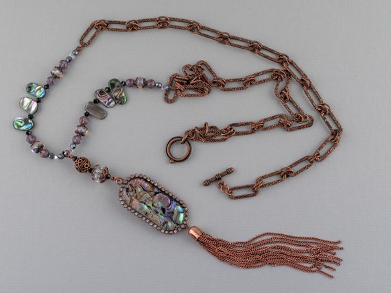 Abalone Mother of Pearl Crystal Pendant Tassel Necklace, Paua Shell Focal, Copper Fringe, Long Boho Accessory, Women Gift