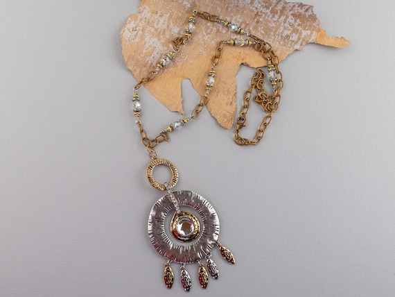 Mixed Metal Crystal Pendant Necklace, Crystal Beaded Links, Solid Brass Chain, Summer Necklace, Boho Necklace