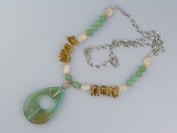 Aqua Teardrop Stone Pendant Necklace, Green Brown, Mid Length, Whiskey Topaz Quartz, Moonstone Gemstone Jewelry, Gift for Women