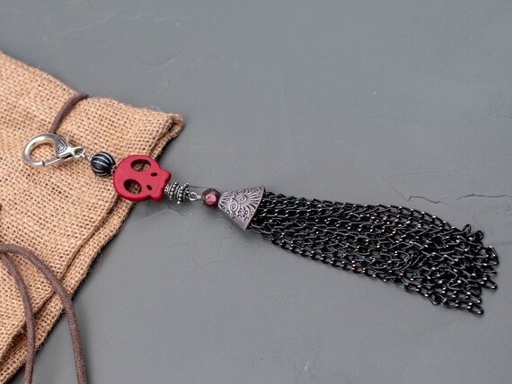 Red Halloween Skull Black Tassel Jewelry, Zipper Pull, Purse Charm, Skull Pendant, Skull Jewelry, Skull Keychain, Boho Jewelry,