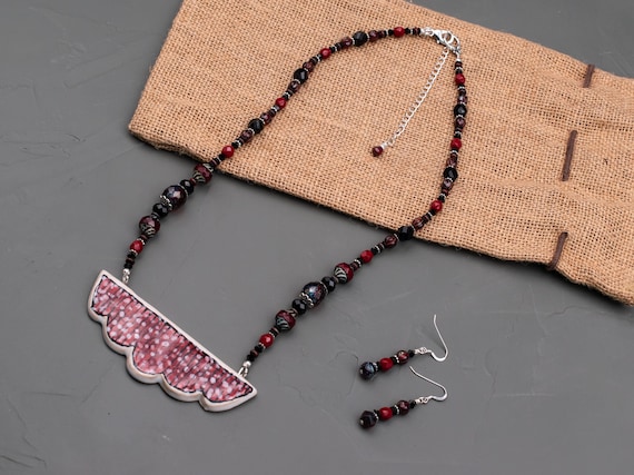 Hand Painted Ceramic Geometric Pendant Necklace Earrings, Red Black White, Beaded Necklace, Artisan Handcrafted, Boho Jewelry, Gift for Her