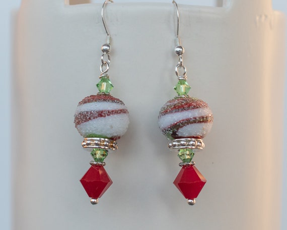 Christmas Artisan Red Green Lampwork Silver Earrings, Stocking Stuffer, Holiday Jewelry, Party Outfit Accessory, Bestfriend Gift