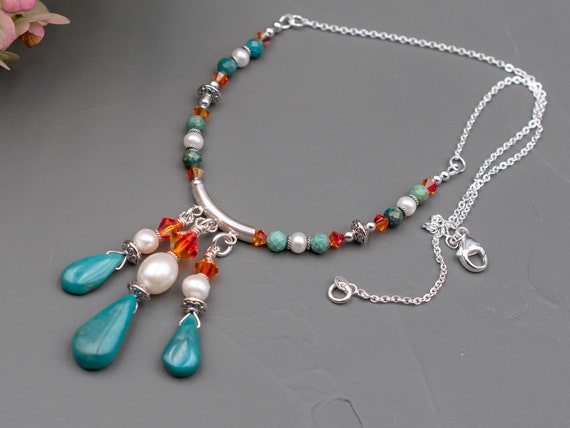 Turquoise Stone White Freshwater Pearl Necklace, Authentic Blue Green Gemstone Jewelry, Boho Style Accessory, Girlfriend Gift