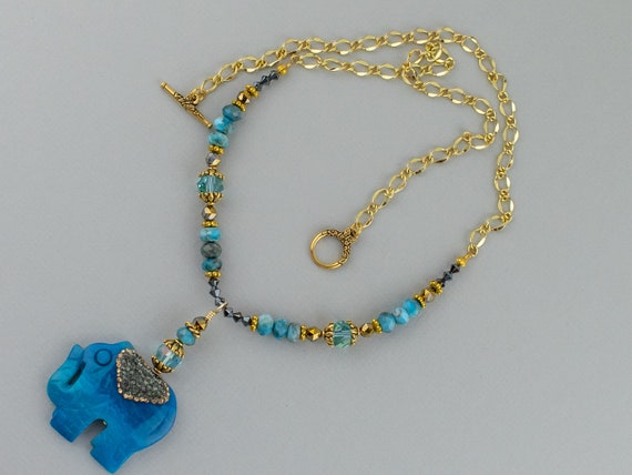 Pave Carved Teal Blue Elephant Agate Stone Necklace, Beaded Gemstone Crystal Jewelry, Boho Style Accessory,