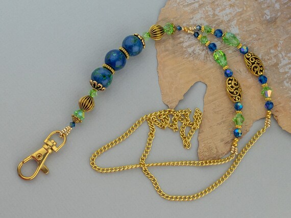 Navy Green Peacock Stone Lanyard Necklace, Badge ID Holder, Beaded Lariat Gemstone Jewelry, Boho Style Accessory, Women Teacher Gift