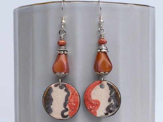 Artisan Handpainted Salmon Ivory Gray Ceramic Earrings, Simple Casual Lightweight, Handcrafted Jewelry, Gift for Her,