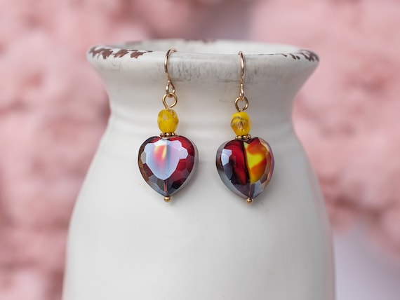 Yellow Red Faceted Heart Earrings, Valentines Day Jewelry, Bold Dramatic, Boho Chic Accessory, Romantic, Sweetheart, Girlfriend, Wife Gift