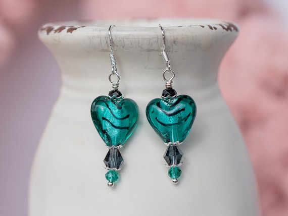 Teal Black Lampwork Glass Puffed Heart Earrings, Valentines Day Jewelry, Boho Chic Accessory, Colorful, Romantic, Sweetheart, Girlfriend