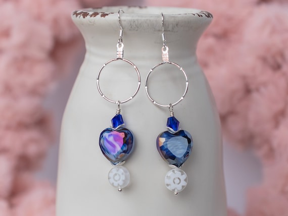 Millefiori Cobalt Blue Faceted Heart Earrings, Valentines Day Jewelry, Bold Dramatic, Boho Chic Accessory, Romantic, Sweetheart, Girlfriend