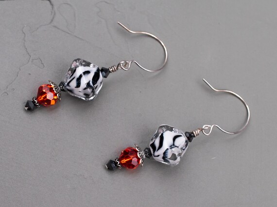 Zebra Stripe Black White Red Beaded Earrings, Artisan Lampwork, Sterling Silver, Evening Wear Jewelry, Women Classy, Mom Gift, Gift for her