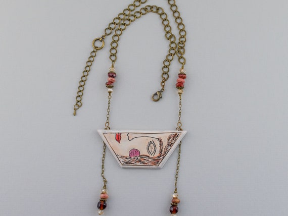 Artisan Ceramic Face Focal Beaded Links Chain Necklace, Hand Painted Pendant, Red Carmel, Boho Style Accessory, Bohemian Jewelry, Women Gift