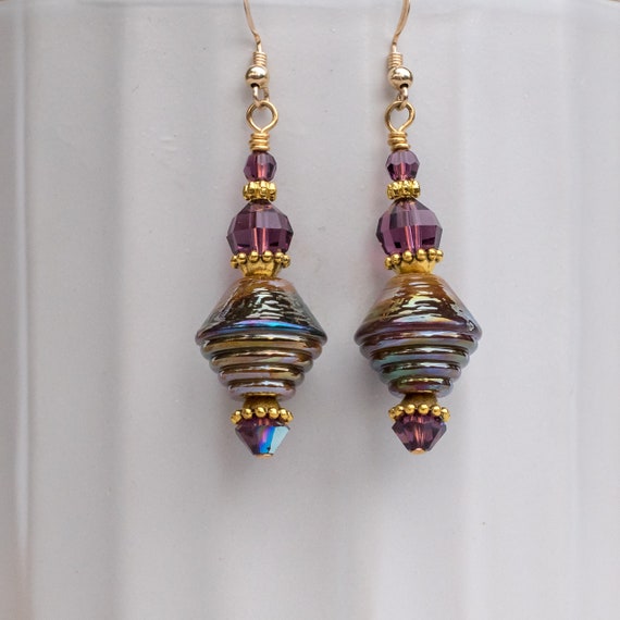 Artisan Metallic Purple Amethyst Gold Lampwork Earrings, Handcrafted Glass, Boho Jewelry, Gift for Her, Women, Mom