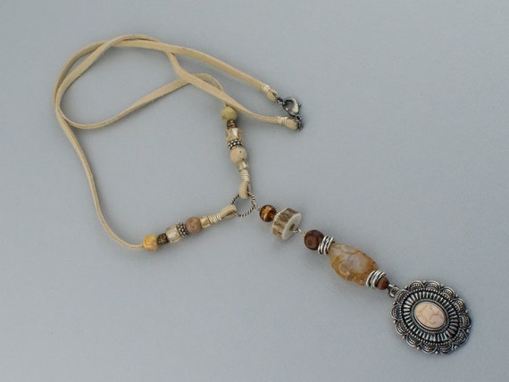 Ivory Leather Lace  Antler Necklace, Concho Pendant Focal, Southwestern Jewelry, Cowgirl Fashion,  Gift for Women