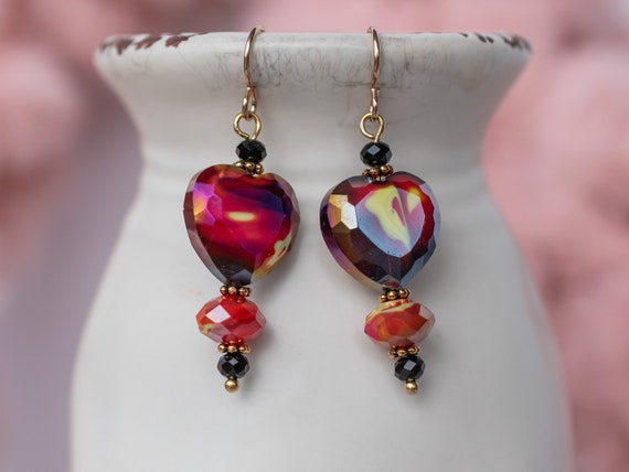 Millefiori Red Yellow Faceted Heart Earrings, Valentines Day Jewelry, Boho Chic Accessory, Colorful, Romantic, Sweetheart, Girlfriend Gift