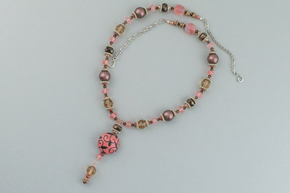 Artisan Golem Floral Focal Quartz Stone Beaded Necklace, Dusty Rose Brown, Boho Jewelry, Wedding Accessory, Mother of the Bride