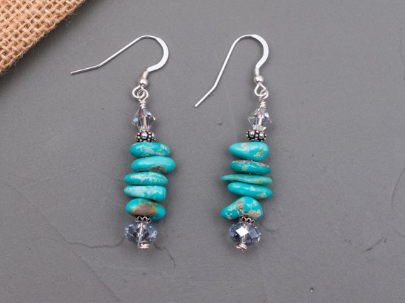Stacked Turquoise Stone Earrings, Authentic Natural Stone, Sterling Silver, December Birthstone, Earthy Jewelry, Gift for Her,