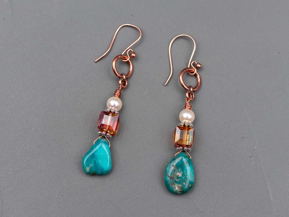 Turquoise Drop Pearl Earrings, Blue Green Turquoise Stone Earrings, Premium Crystal, Gemstone Jewelry, Southwest Earrings