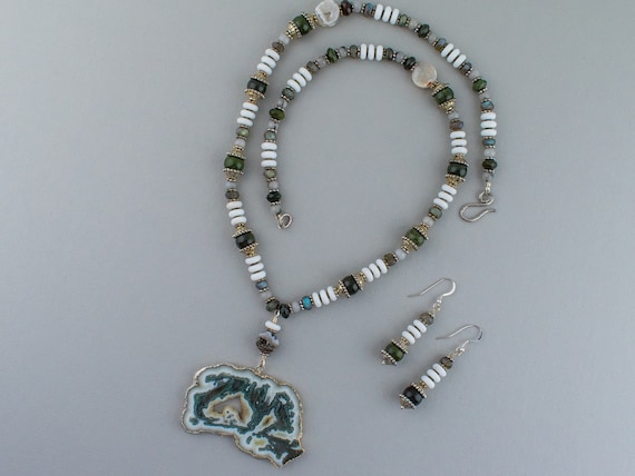 Green White Stone Slice Necklace Earrings Set, Tree Agate Pendant, Gemstone Earthy Jewelry, Boho Style Accessory, Womens Gift