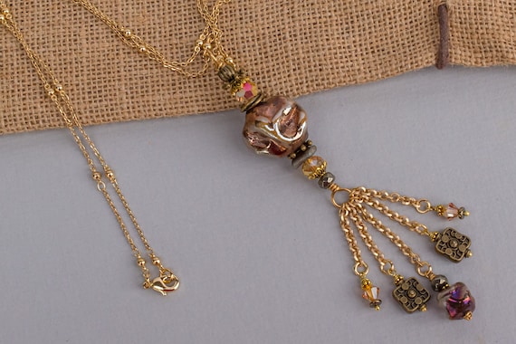 Artisan Raku Fired Golden Copper Tassel Necklace, Shimmery Metallic, Ceramic Clay Bead, Art Fired Pendant, Boho Jewelry, One of a Kind,
