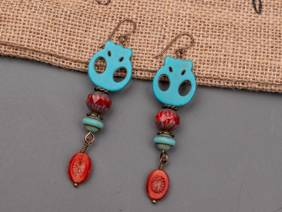Halloween Turquoise Skull Earrings, Gem Stone Jewelry, Glass Beaded Dangle, Spooky Costume Accessory, Date Night Dress Up, Gift for Her