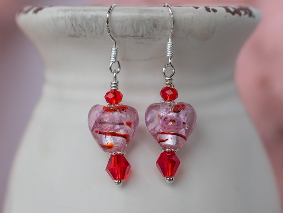 Pink Red Lampwork Glass Puffed Heart Earrings, Valentines Day Jewelry, Fun Everyday Accessory, Romantic, Sweetheart, Girlfriend, Wife Gift