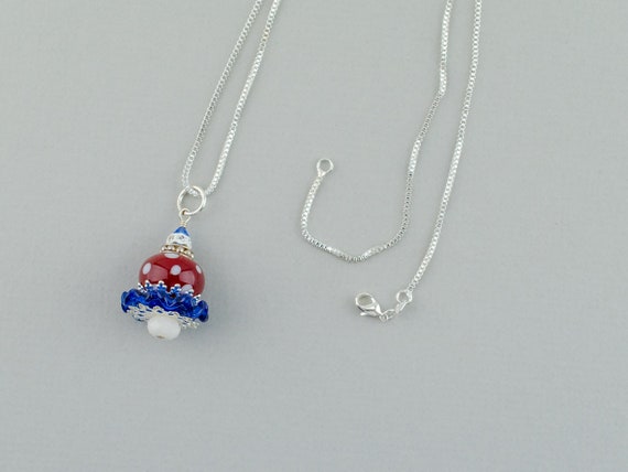 Red White Blue Pendant Necklace, Artisan Lampwork, Patriotic Jewelry, Mid Length Sterling Silver Chain, Casual, Boho Jewelry,