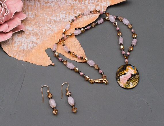Hand Painted Pendant Crystal Beaded Necklace Earrings, Russian Artist, Mother of the Bride, Elegant Evening Jewelry, Gift for Her
