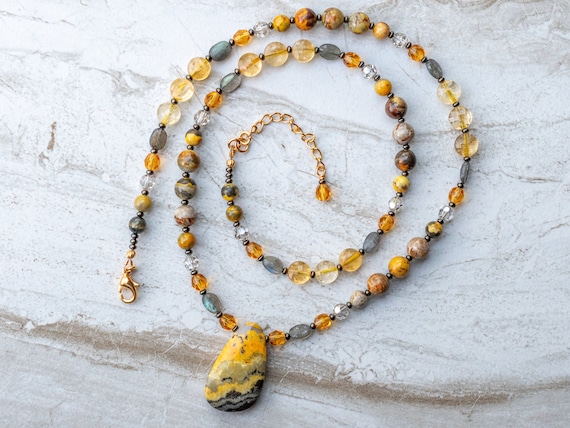 Bumblebee Jasper Labradorite Citrine Beaded Necklace, Gemstone Jewelry, Boho Accessory, Summer Fashion, Gift for Mother, Wife