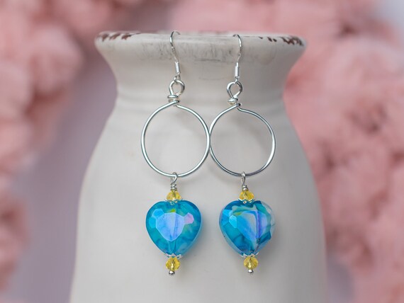 Millefiori Aqua Blue Yellow Faceted Heart Hoop Earrings, Valentines Day Jewelry, Boho Chic Accessory, Romantic, Sweetheart, Girlfriend