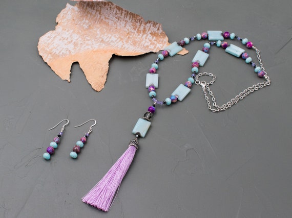 Amazonite Impression Jasper Stone Tassel Necklace Earring Set, Blue Green Purple, Gemstone Jewelry, Lilac Silk Tassel, Boho Jewelry