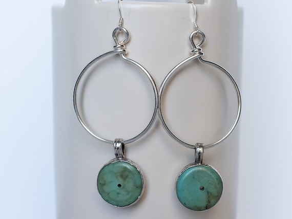 Artisan Turquoise Stone Silver Charm Hoop Earrings, Authentic Genuine Gemstone Jewelry,  Everyday Casual Accessory, Anniversary Gift