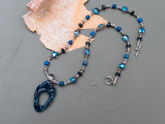 Navy Blue Eyewear Holder Necklace, Sunglasses, Functional Jewelry, Crystal Beaded Accessory, Anniversary Gift, Gift for Her,