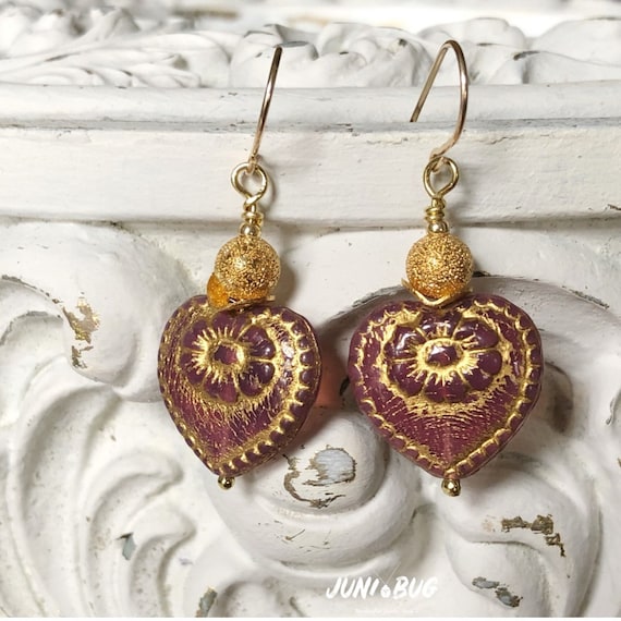 Red Gold Heart Drop Earrings, Romantic Earrings, Victorian Jewelry, Boho Earrings, Simple Lightweight, Girlfriend Gift, Gift for Her,