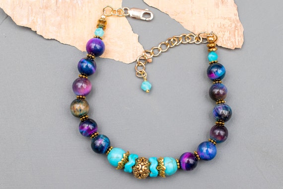 Turquoise Rainbow Tiger Eye Bracelet, Galaxy Multi Color Stone, Gemstone Jewelry, Adjustable, Boho Style Accessory, Gift for Her